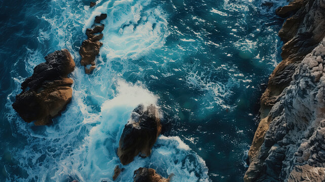 Aerial view of the ocean rocky shore