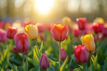 Wall Mural - Vibrant tulips in green and yellow field