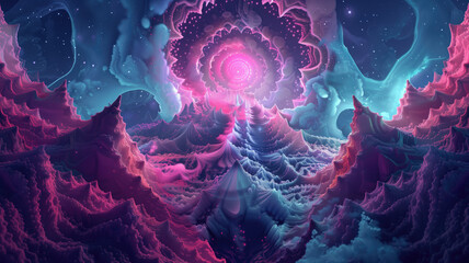 Wall Mural - Cosmic Space Station, Portal Neon light Glow, Abstract Landscape, with Mountains. Generative Ai