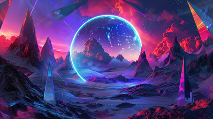 Wall Mural - Cosmic Space Station, Portal Neon light Glow, Abstract Landscape, with Mountains. Generative Ai
