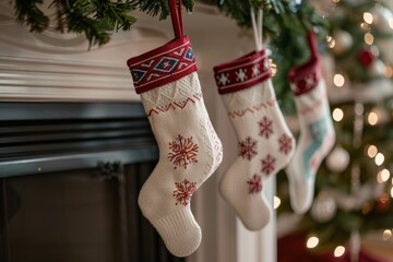 Wall Mural - Two stockings hung on Christmas tree with background lights