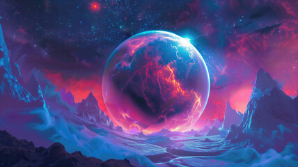 Wall Mural - Cosmic Space Station, Portal Neon light Glow, Abstract Landscape, with Mountains. Generative Ai