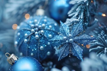 Wall Mural - Blue ornaments, tree, lights