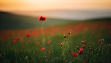 Wall Mural -  beautiful colorful meadow of wild flowers floral background, landscape with red flowers with sunset and blurred background