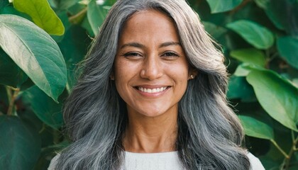 Wall Mural - Beautiful mature woman with long healthy gray hair 50s looking at camera against green leaves background.