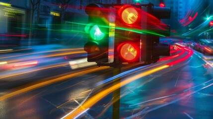 Aufkleber - A traffic signal changing from red to green, captured in motion with streaks of light as vehicles pass through