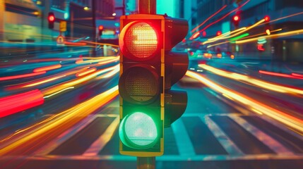 Aufkleber - A traffic signal changing from red to green, captured in motion with streaks of light as vehicles pass through