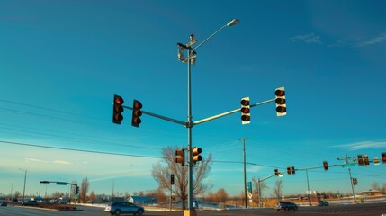 Aufkleber - A traffic signal pole with multiple lights, guiding vehicles through a busy intersection, with clear blue skies overhead