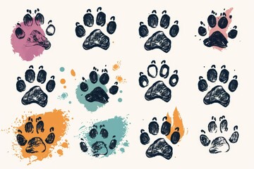 Wall Mural - Paw footprint icon, animal foot print, dog graffiti spray step, wolf trail, bear trace silhouette, paw footprint