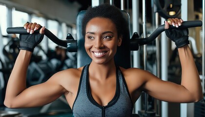 Wall Mural - Beautiful young woman in sportswear is smiling while working out in gym 