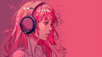 Wall Mural - Beautiful anime girl listening to lofi hip hop music with headphones cartoon drawing 8k quality 