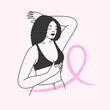 © everything bagel - Breast cancer awareness month. Black woman in bra doing a manual breast self examination. Minimalist hand drawn illustration of a female with a pink ribbon. Isolated flat vector design