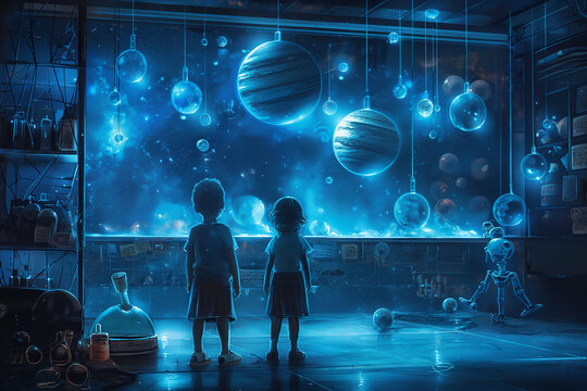 2 kid wearing goggle, molecule, Robot, science toys, dinasour bones . planets hanging