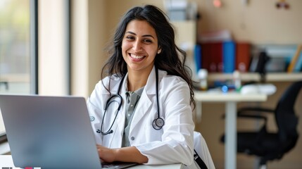 Poster - female doctor working on laptop