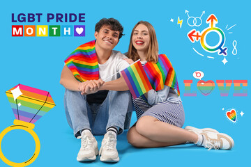 Poster - Young couple with LGBT flags sitting on blue background