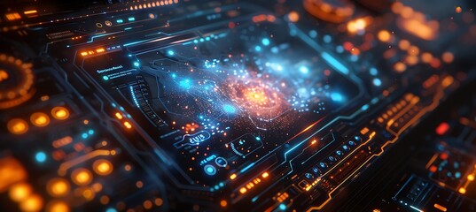 Wall Mural - Closeup of cloud services interfaces holographic displays and virtual connections using Macro Photography and Dual ISO to emphasize the intricate details and digital precision