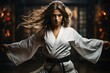 © Lubos Chlubny - A beautiful woman in a white kimono and a black belt practices karate