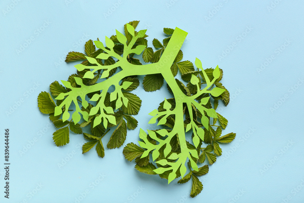 Lungs made of paper and leaves on blue background