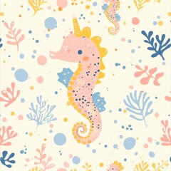 Cute cartoon seahorse seamless pattern. Undersea world. Bright childish texture. Great for fabric, textile, nursery wallpaper.