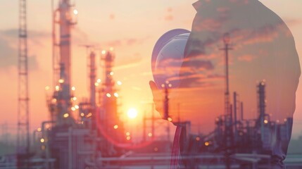 Double exposure Engineers holding safety helmet in arms and holding walk talky in hands with oil and gas refinery background on industry concept 