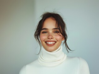 Wall Mural - Young brunette woman with a beautiful smile on a gray background. Feminine beauty. Natural smile. Healthy teeth.