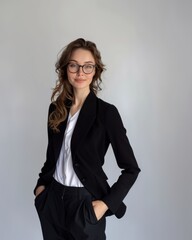 Beautiful brunette woman wears glasses and stylish business clothes. Women's beauty and fashion. Successful businesswoman.