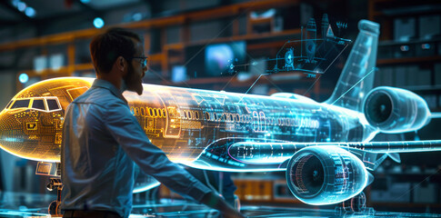 Futuristic Aerospace Engineer Manipulating Holographic Jet Airliner Design, Visualizing Advanced Aircraft Technology and Engineering Concepts in High-Tech Environment