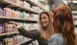 © Anastasia Knyazeva - Woman shopping for makeup in a beauty store, with a saleswoman helping her choose the color and texture of foundation cream or eye shadow palette