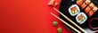 © olga_demina - Elegant sushi rolls with salmon, avocado, and cucumber on a black plate with soy sauce and chopsticks. Artistic presentation of Japanese cuisine