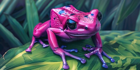 Wall Mural - Vibrant Purple Frog on Green Leaves