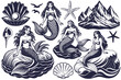 © Casoalfonso - Linocut set of graceful mermaids with flowing hair and detailed scales, enchanting spirit of oceanic myths and legends. Marine or nautical collection of element for sea and ocean design
