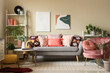 © Pixel-Shot - Interior of living room with cozy sofa, pillows, pictures and coffee table