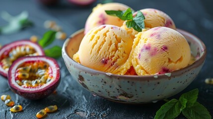 Canvas Print - passion fruit sorbet scoops in a bowl, homemade, tropical, and refreshing, set against a textured background