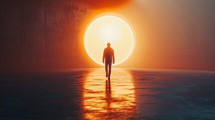 Person walking confidently forward into a bright light, representing a positive future