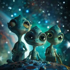 Poster - 3D cartoon aliens in space.