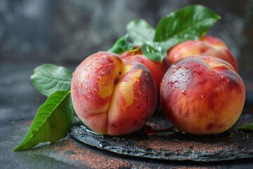 Wall Mural - Fresh Peaches with Water Droplets and Green Leaves