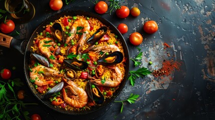 Wall Mural - Traditional Spanish paella with seafood including shrimp, mussels, and peas in a black pan. Perfect for festive gatherings and family meals