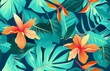 © Chand Abdurrafy - A seamless pattern with a digital illustration of tropical leaves and flowers, their vibrant colors blending seamlessly into each other on a teal background