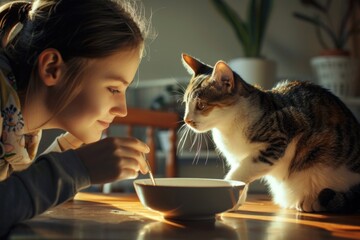 A young girl is feeding a cat from a bowl