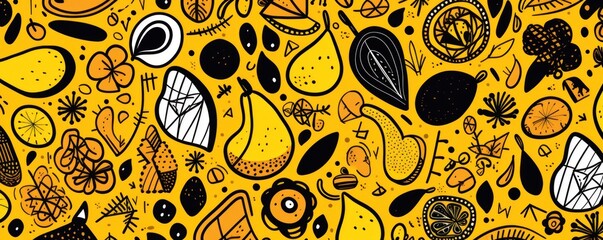 Wall Mural - Seamless fun line doodle Yellow pattern icon icons vector sketch doodle drawing 