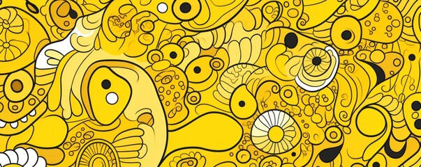 Wall Mural - Seamless fun line doodle Yellow pattern icon icons vector sketch doodle drawing 