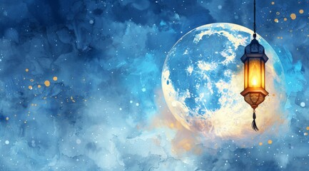 ramadan kareem background banner islamic greeting cards for muslim holidays and ramadan blue banner with moon and lantern, white background, watercolor style