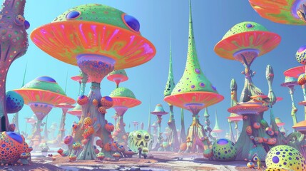Wall Mural - Whimsical alien landscape with glowing mushrooms for fantasy or science fiction themed designs