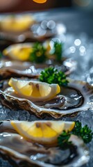 Wall Mural - Close-up of fresh oysters on ice with lemon slices and parsley. Ideal for gourmet culinary presentations and seafood lovers