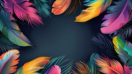 frame Colorful bird feathers, colorful feathers. Neon background Generative AI