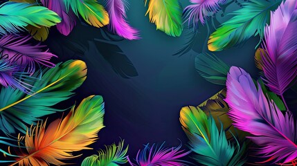 Wall Mural - frame Colorful bird feathers, green and pink feathers. dark background Generative AI