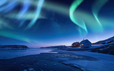 Wall Mural - greenland aurora green and a house by the shore