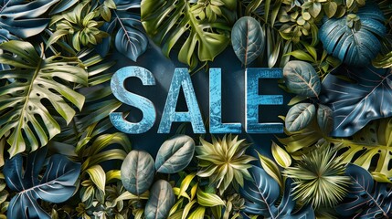 Wall Mural - sale word on abstract white background with green and blue tropical leaf frame top view, creative summer sale banner mockup design