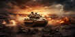© imran - tank in the desert, Battle tanks with a city on fire on the background Military or army special operation
