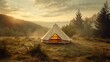© Ева Поликарпова - A tent standing alone in an open field, surrounded by trees in the distance